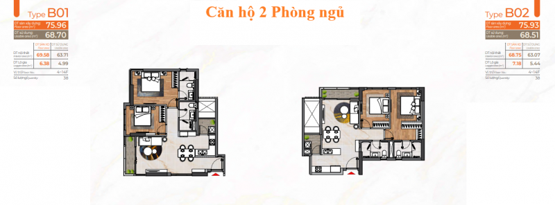 Layout căn hộ 2 Phòng ngủ