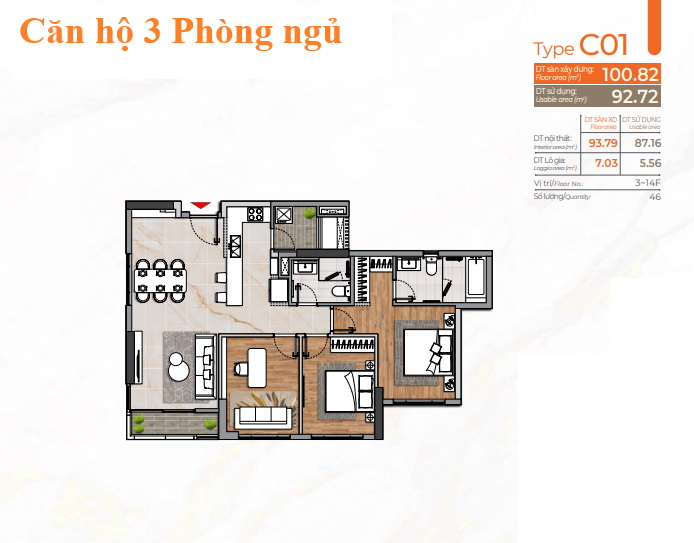 Layout căn hộ 3 Phòng ngủ