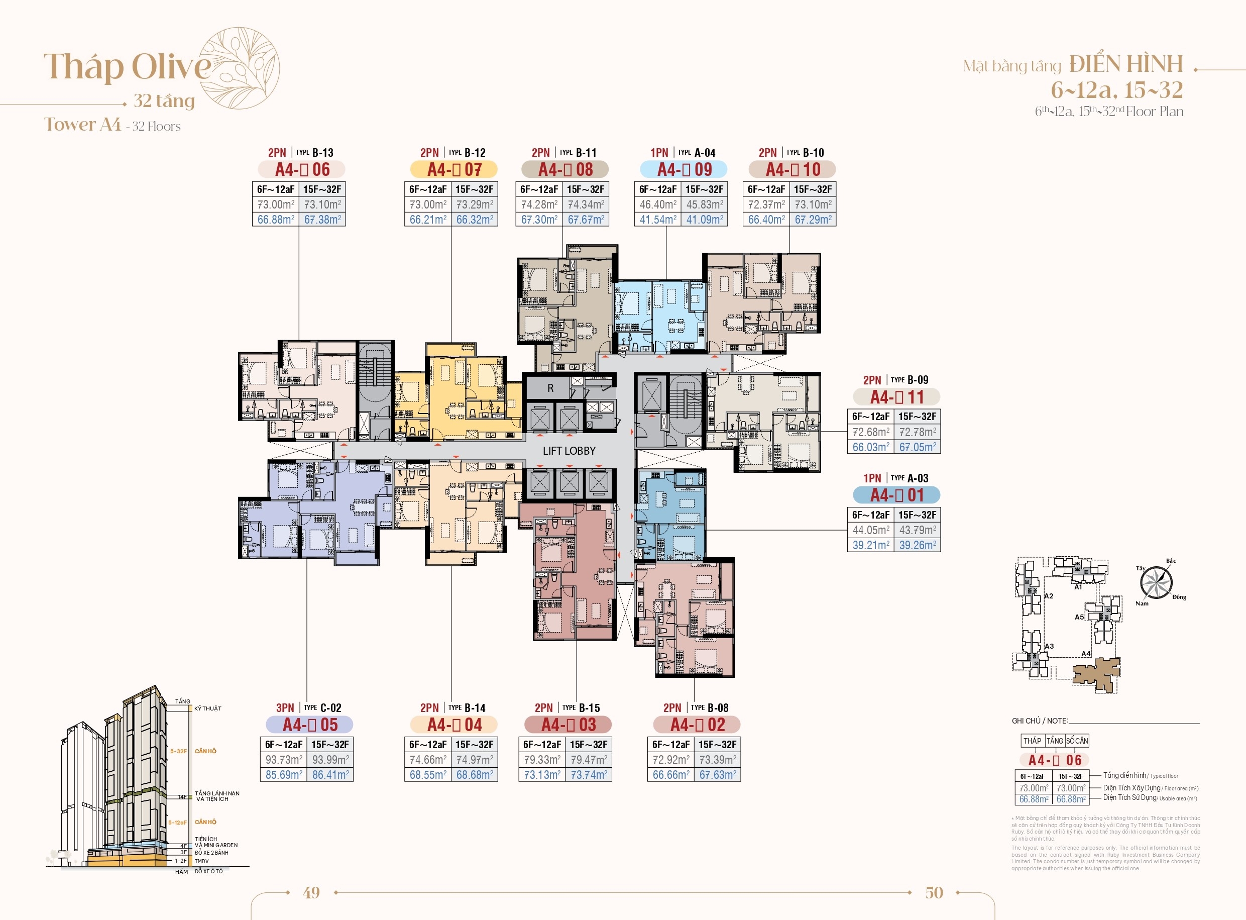 Bản vẽ bố trí các loại hình căn hộ 2 phòng ngủ trên tháp Olive dự án Harmonie
