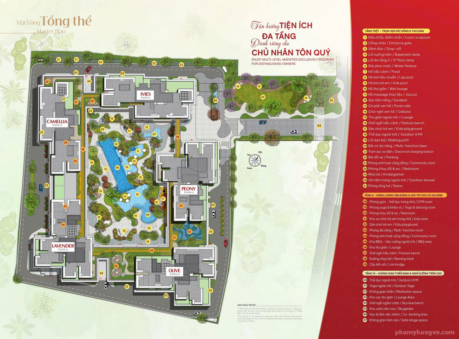 Bản vẽ layout tổng thể phân bổ các tháp căn hộ và cảnh quan lõi nội khu