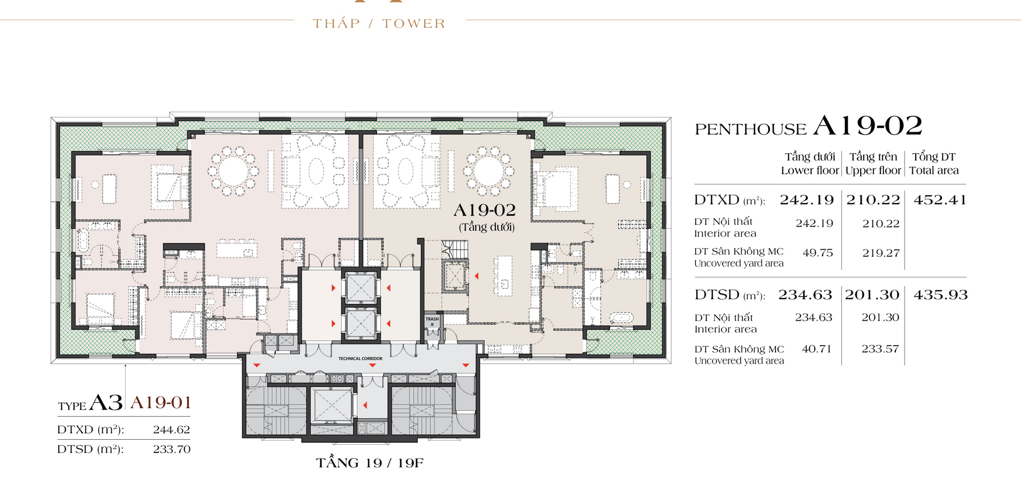 Mặt bằng tầng 19 tháp A gồm căn A19-01 và tầng dưới penthouse A19-02