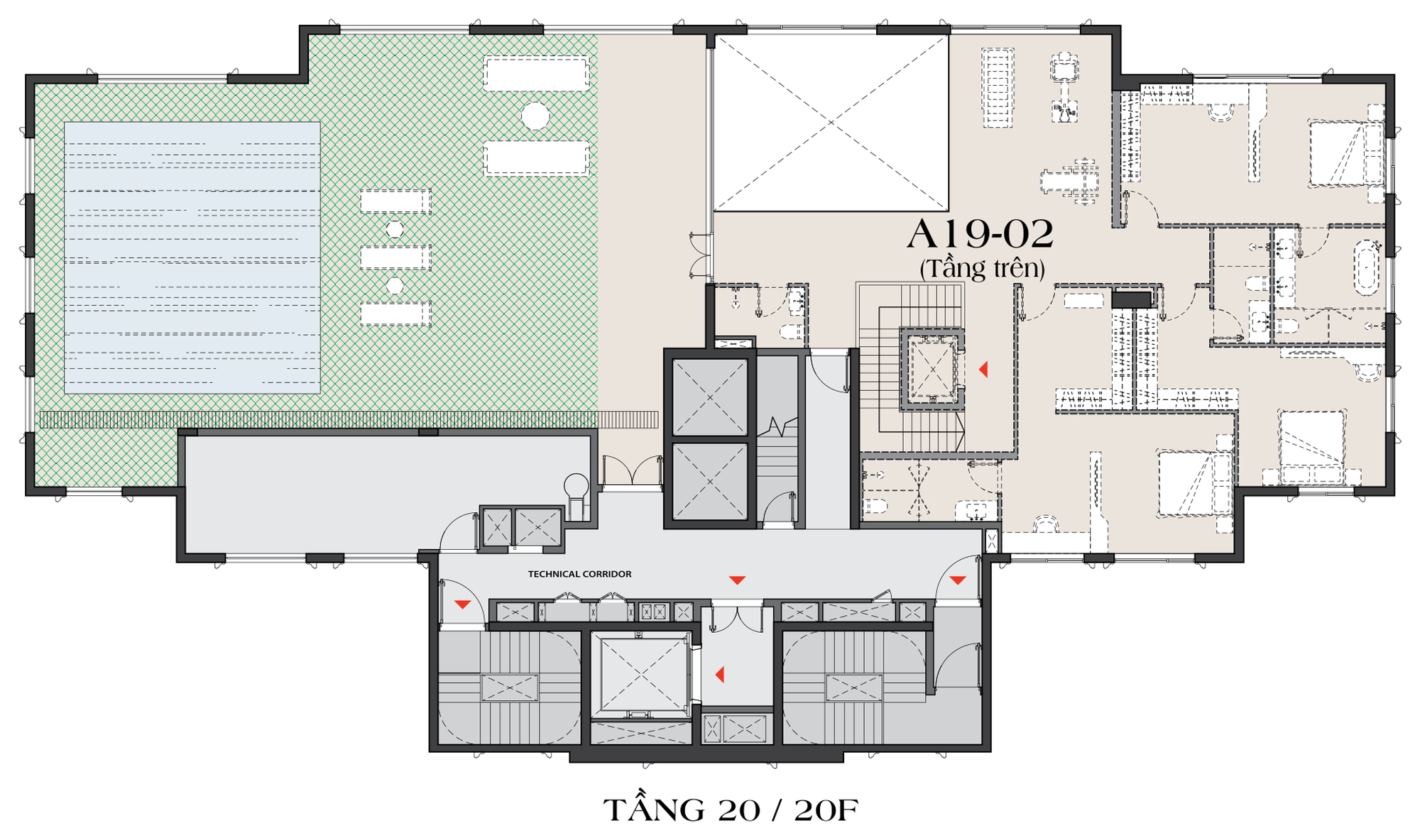 Mặt bằng tầng trên penthouse A19-02 tại tầng 20 tháp A