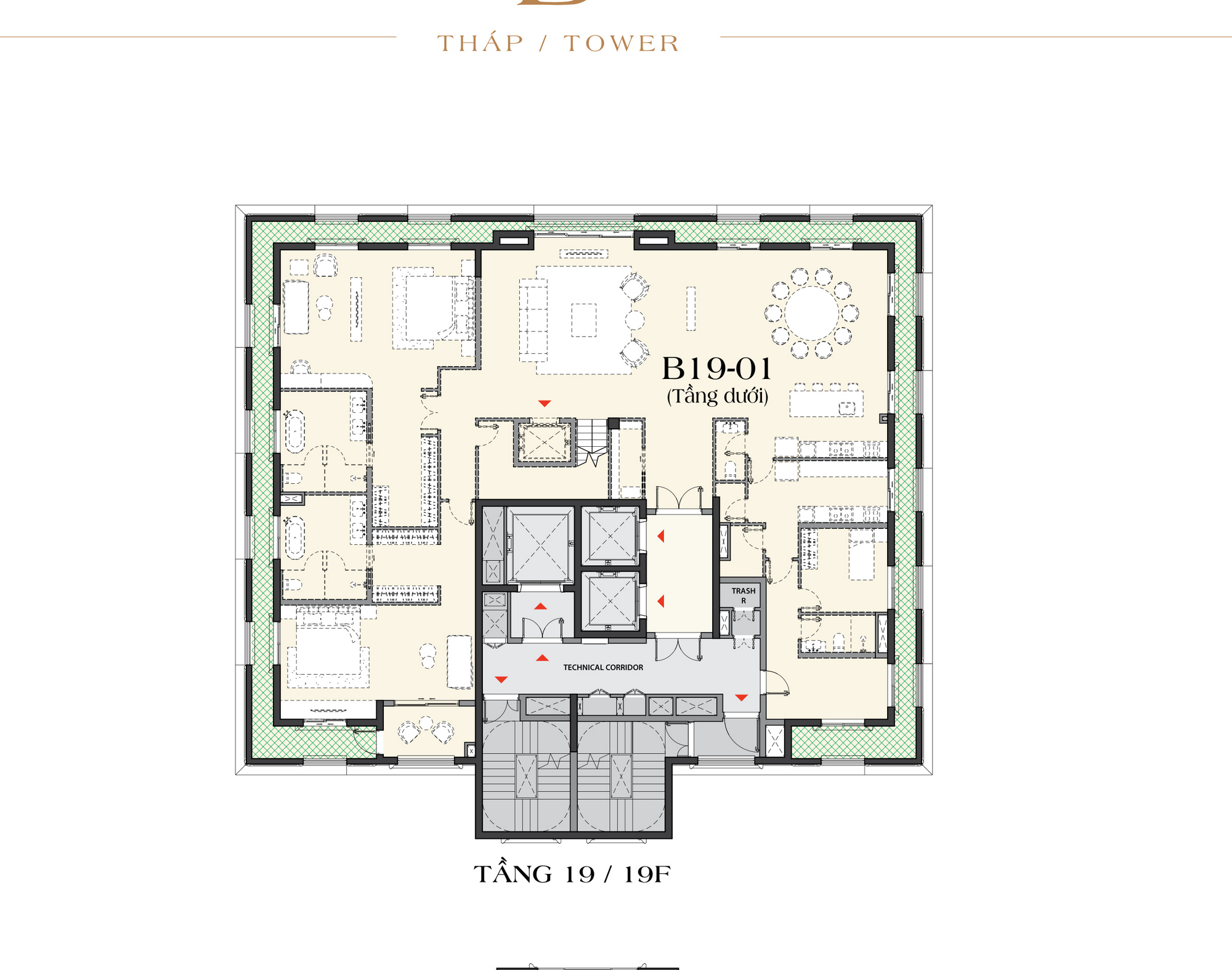 Mặt bằng tầng dưới penthouse B19-01 tại tầng 19 tháp B