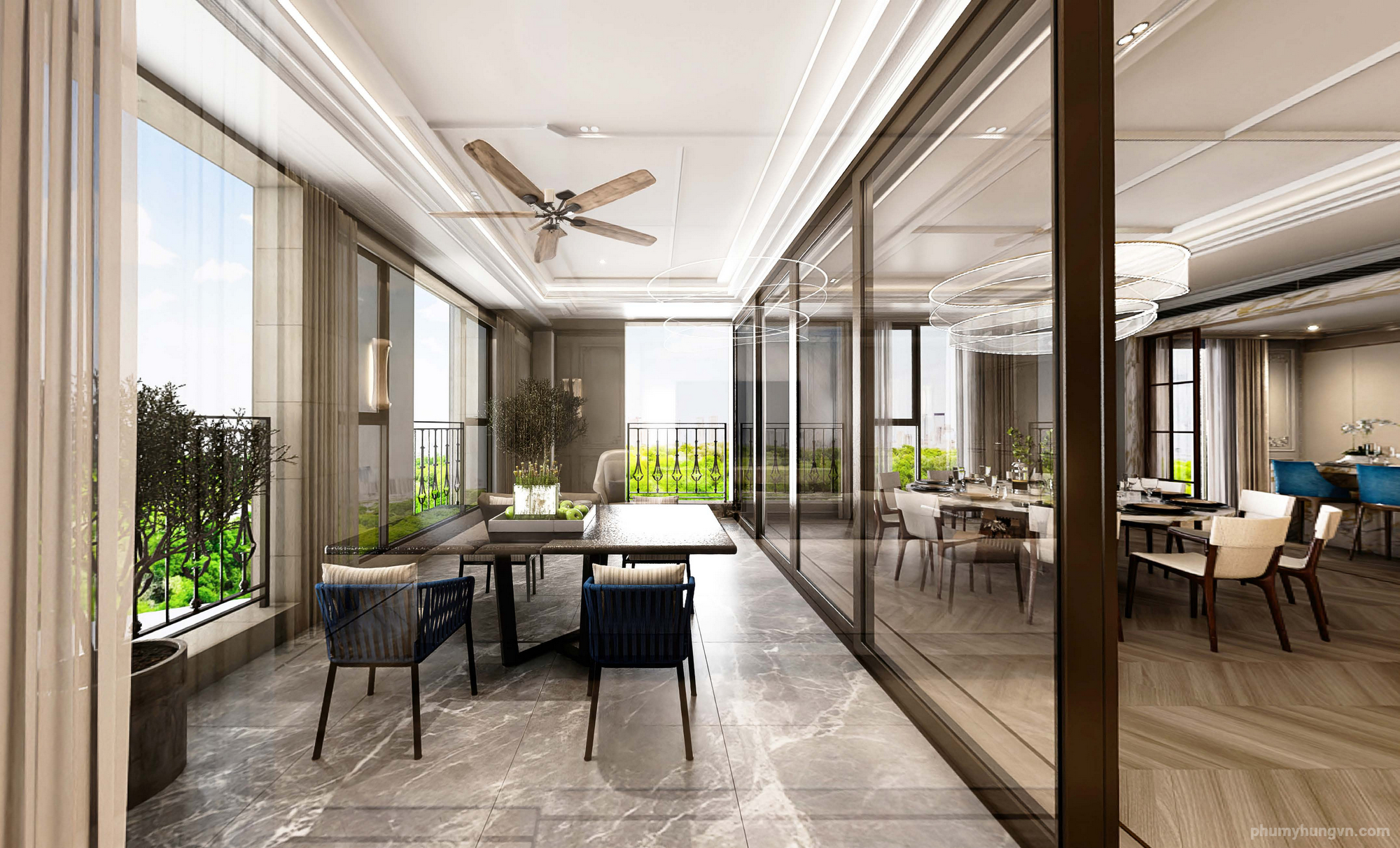 Không gian sinh hoạt căn hộ với cửa kính rộng và tầm nhìn skyline