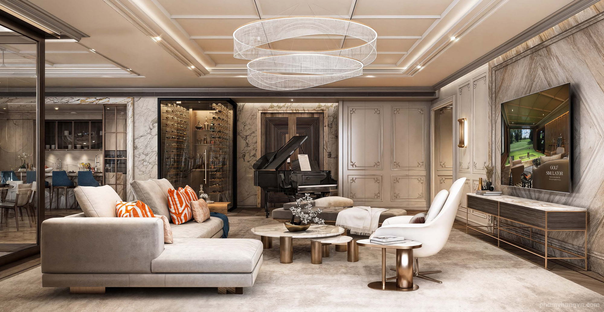 Nội thất phòng khách cao cấp với piano và hệ tủ trang trí