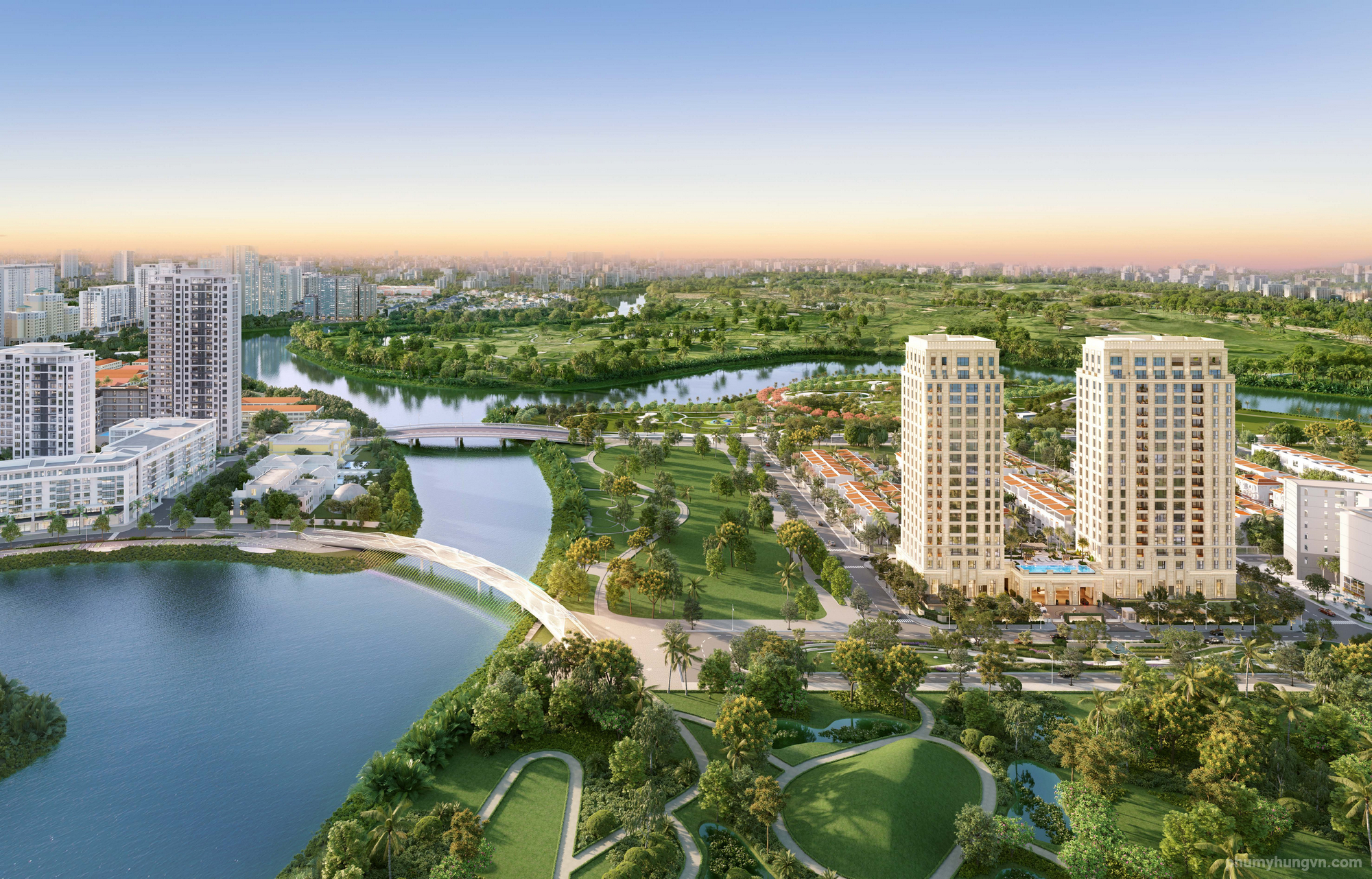 Phối cảnh trên cao Casa Luna bên Hồ Bán Nguyệt và công viên