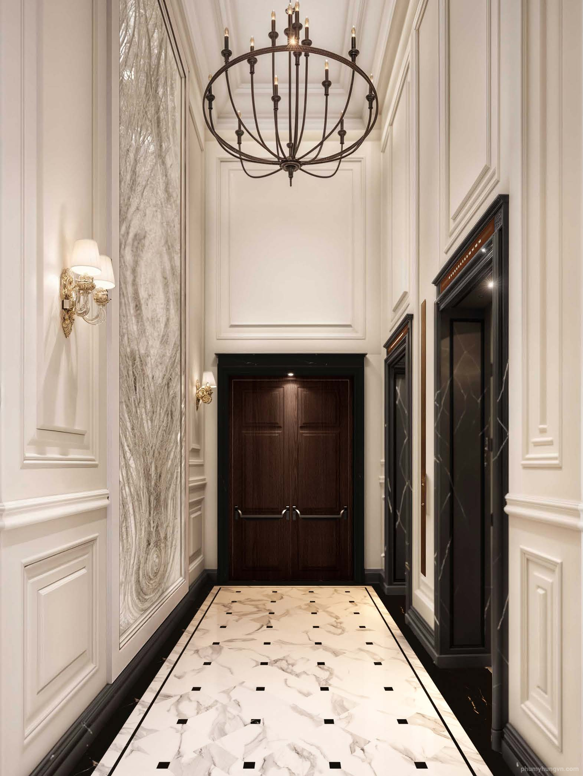Sảnh thang máy riêng phong cách cổ điển với đá marble và đèn chùm